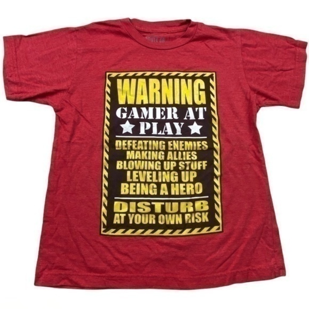 Route 66 Boys Top Size S Red Warning Gamer At Play Short‎ Sleeve Tee Shirt Top